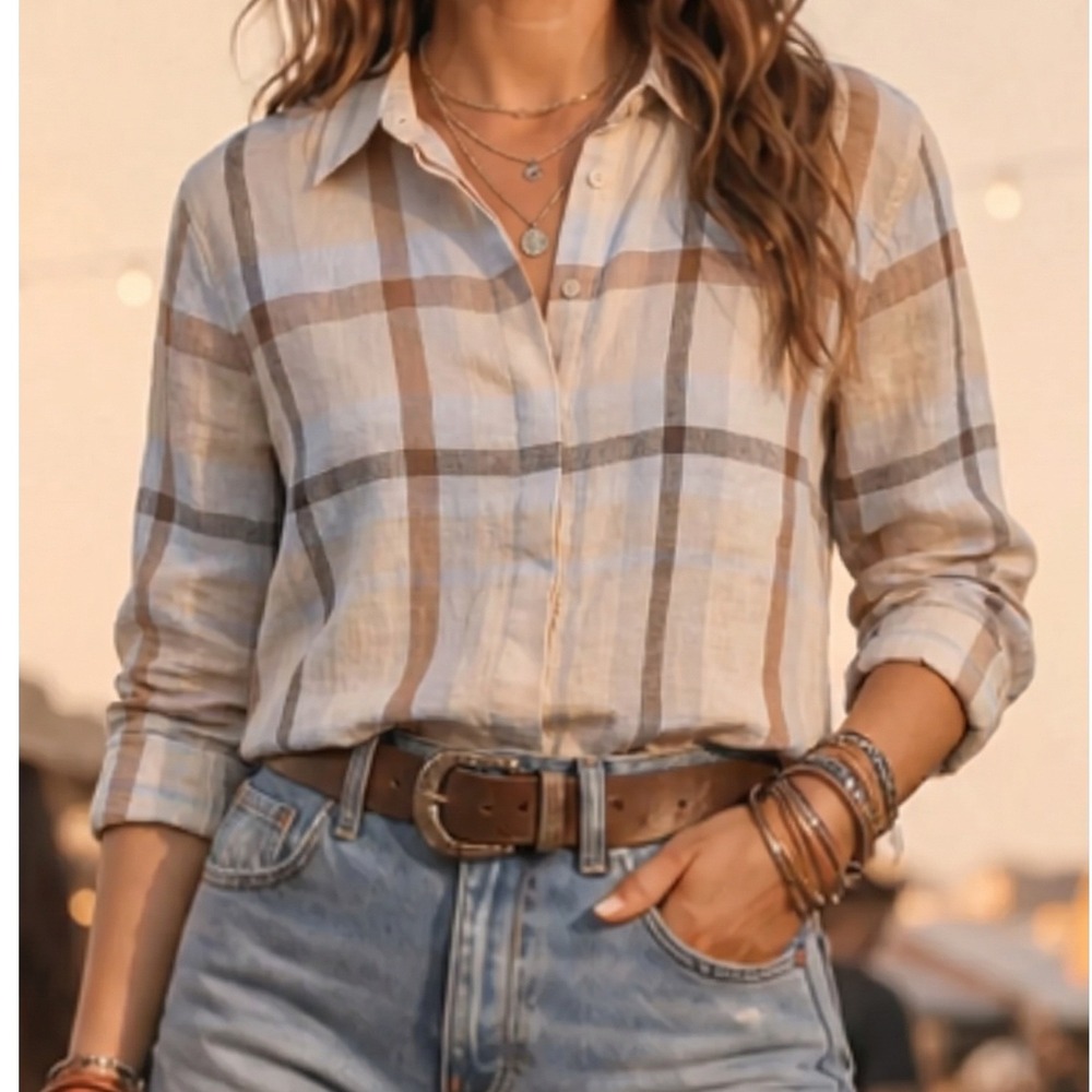 Theory Womens Plaid Button Down Shirt Beige Blue Long Sleeve Size S